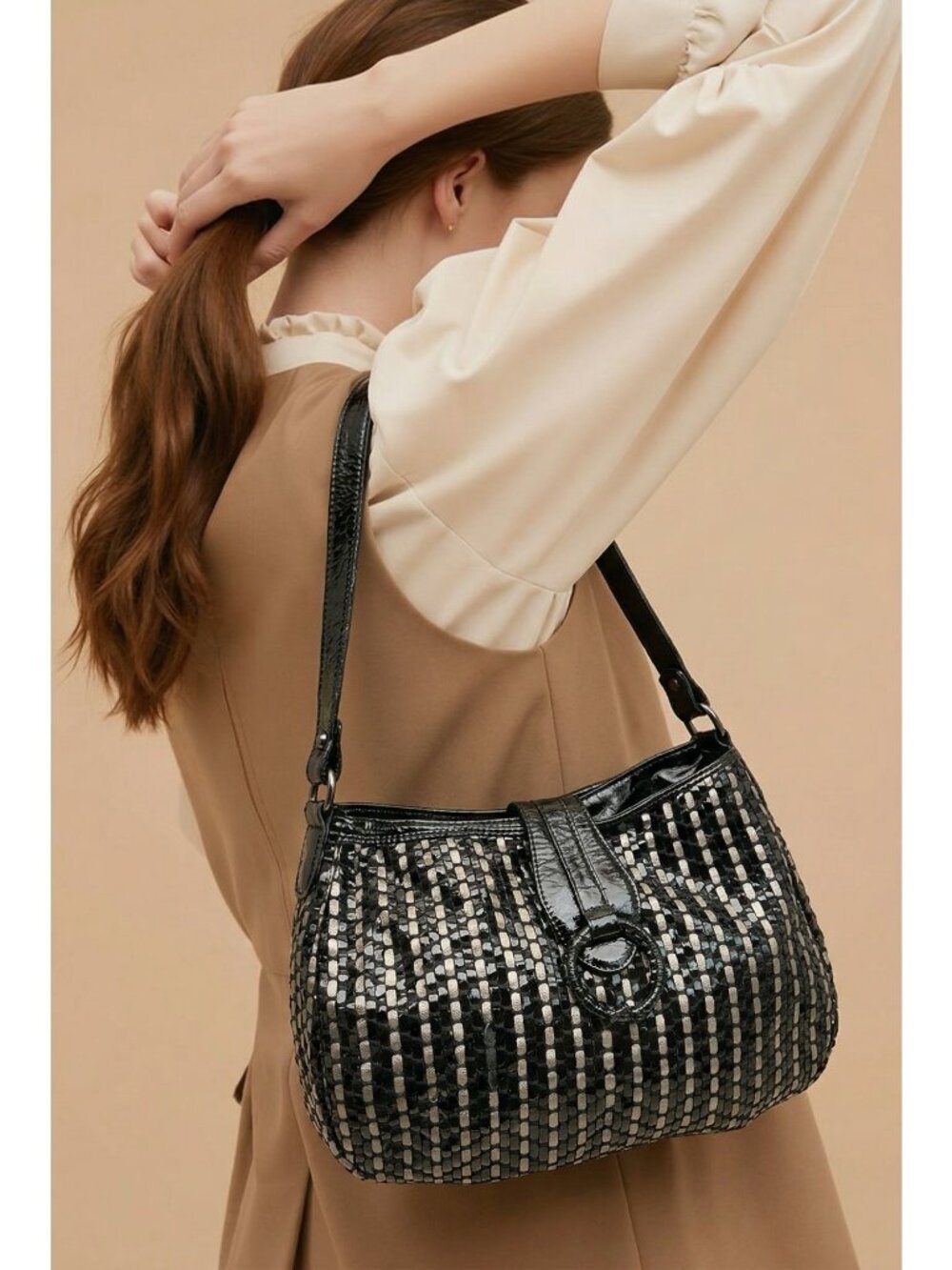 Big Buddha Black Silver Woven Shoulder Bag Slouchy Hobo Patent Trim Large